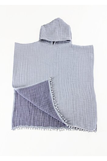 Lucy and Home 4 Layer Muslin Blue Children's Pompom Poncho 60x60