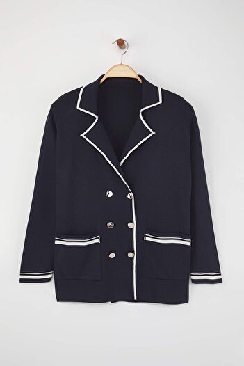 Trendyol Curve Navy Blue Jacket Collar Line Detailed Knitwear Jacket Look Cardigan Tbbaw26Av00002