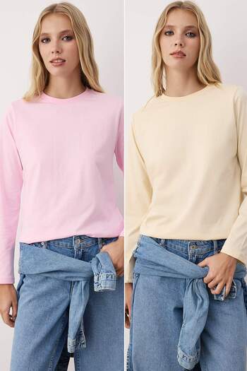 Trendyol Collection Light Pink-Stone 2 Pack Crew Neck Regular/Regular Fit Knitted T-Shirt Twoaw25Ts00001