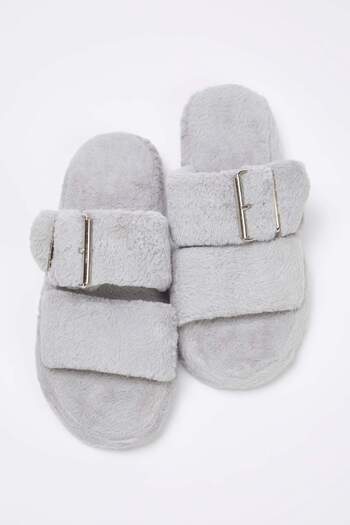 TRENDYOL SHOES Gray Double Band Detailed Plush Women's House Slippers Takaw26Er00012