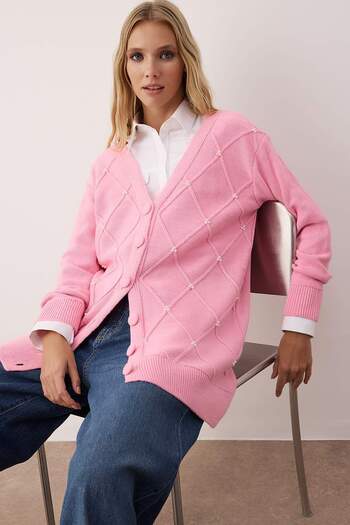 Trendyol Modest Pink Pearl Detailed Knitwear Cardigan Tctaw26Us00031