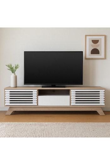 BAITY Modern TV Table with Drawers, 160cm - Wooden and White, Malaysian Made