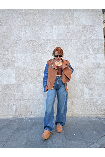 Bak'ap Premium Denim Detailed Suede Oversized Zippered Bomber Jacket