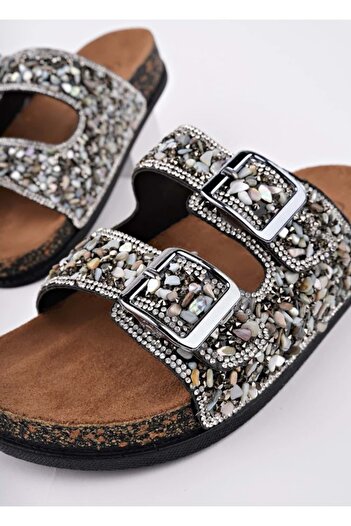 Kocamanlar Ayakkabı Feles Double Buckle Cork Sole Stone Detailed Women's Slippers Gray