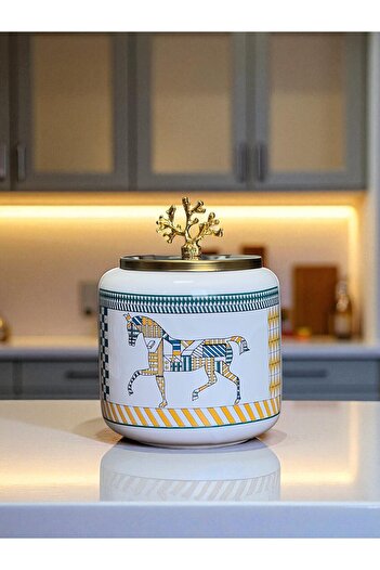 ferayhome Coffee Corner Set of 3 Spice Jars Large Size Oval 1400 ml Volume Geometric Horse Gold