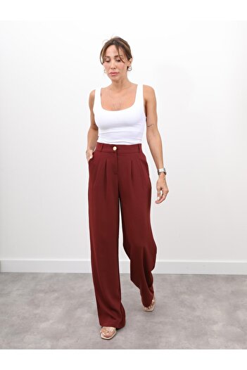 Maldia Shop Women's High Waist Pleated Palazzo Burgundy Trousers with Elastic Back