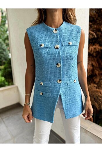 Maldia Shop Women's Tweed Fabric Long Blue Fit Vest