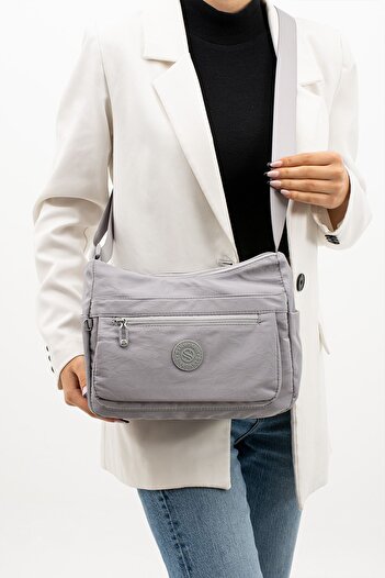 Çanta Trend Women's Multi-Eye Waterproof Crinkle Fabric Light Gray Color Crossbody Shoulder Bag