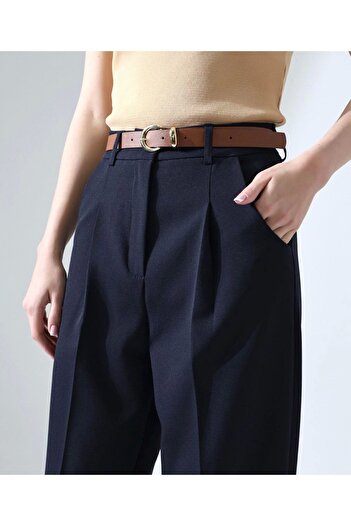 MetuCA Women's High Waist Straight Carrot Cut Pleated Fabric Pants with Belt, New Name of Elegance