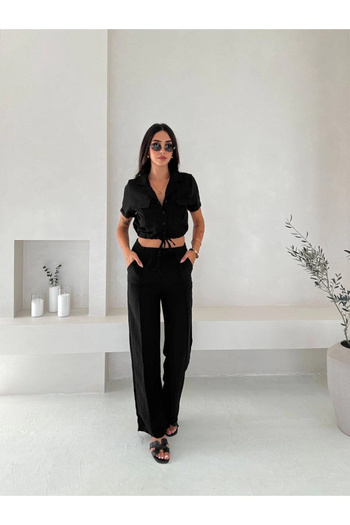 MetuCA Women's Linen Crop Shirt and Pants Set Summer Stylish and Trendy