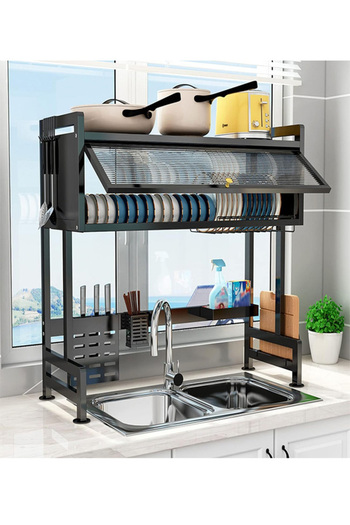 Fumes Over-Sink Kitchen Rack with Space-Saving Dish Drying and Storage Organizer with Utensil Hooks