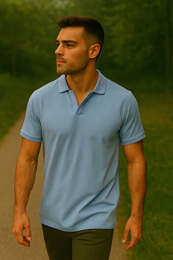 Maccali Men's Short Sleeve Cotton Blue Polo Neck Basic T-Shirt