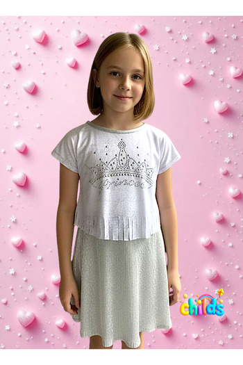 childs Bottom Top Summer Girls' Two-Piece Suit Tassel Combed Cotton Stone Printed Top Pleated Silver Shiny Skirt.