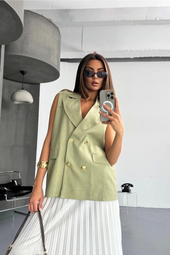 NORA Boutique Gold Buttoned Linen Vest Green