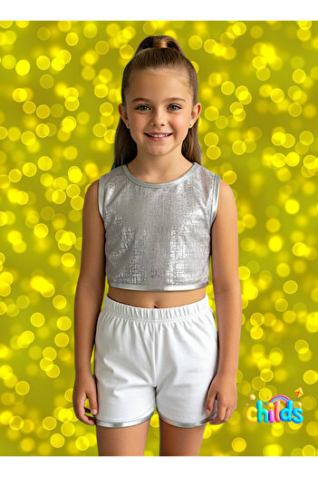 childs Double Girl's Shorts Summer Suit Combed Cotton Crop Shiny Printed Top White Combed Cotton Shorts