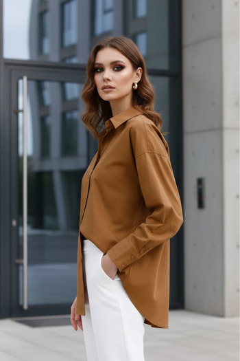 PASTELASTORE Γυναικείο πουκάμισο Milk Coffee 96% βαμβακερό εύκαμπτο ποπλίνα 1163