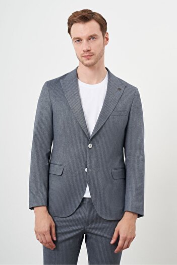 Morven Ανδρικό αθλητικό κοστούμι Navy Blue Slim Fit ριγέ - Μονό γιακά και τσέπη τσάντας