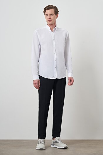 Morven Men's White Linen Trend Dynamic Fit Button Collar Shirt