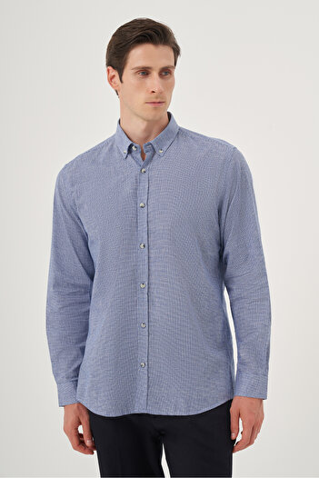 Morven Men's Blue Linen Trend Patterned Regular Fit Button Collar Shirt