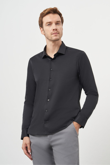 Morven Men's Black Basic Plain Pattern Italian Collar Slim Fit Shirt