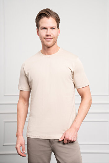 Morven Men's Beige Basic Crew Neck Dynamic Fit Cotton T-Shirt