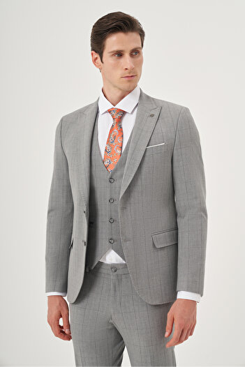 Morven Men's Gray Polyviscon Trend Vest Plaid Slim Fit Pointed Collar Suit