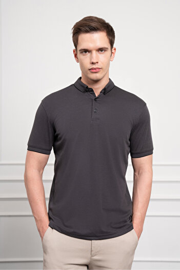 Morven Men's Black Trend Mercerized Plain Button Neck Dynamic Fit T-Shirt