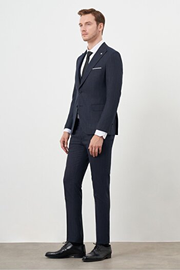 Morven Μπλε Navy Slim Fit Polyviscon κοστούμι - Μοτίβο γιλέκου, μυτερό γιακά