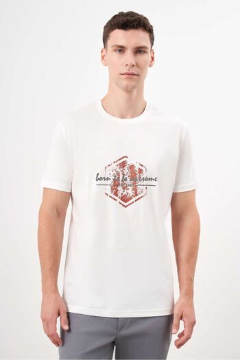 Morven Men's White Trend Single Jersey Printed Crew Neck Dynamic Fit T-Shirt