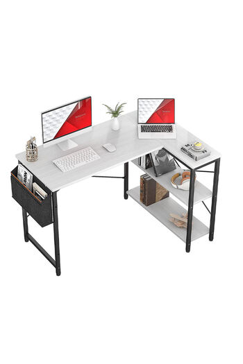 AGD L-Shaped Gaming Desk with Reversible Shelves and Side Storage Bag / White