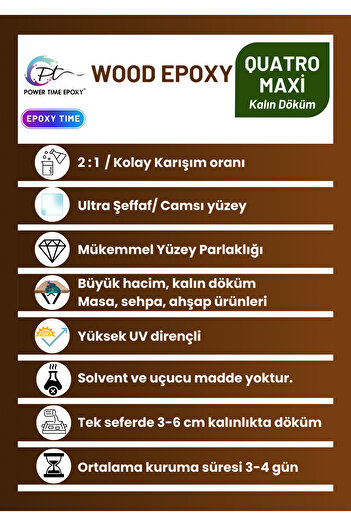 POWER TIME EPOXY 15 Kg Wood Epoxy Quatro Maxi/ Kalın Döküm Ultra Şeffaf Epoksi Reçine Sehpa, Masa Için (YENİ)
