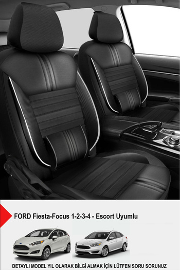 GM-DESIGN Carbon White Luxury Leather Auto Seat Cover-(Ford Focus-Fiesta-Escort Compatible)