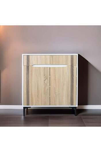 BAITY Two-Door Shoe Cabinet, Malaysian Wood, 4 Shelves and 2 Storage Drawers - White and Wood