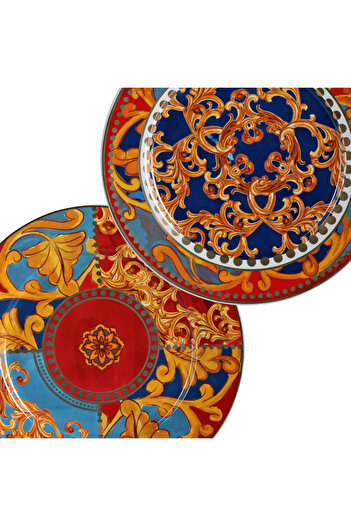 Lucky Art Clarissa Bone China Porcelain Blue Red Baroque Patterned 4-Piece Dinner Plate Set 27 cm