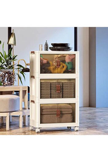 MOSTAFA 3-tier beige dotted wardrobe with wheels, brown silicone wardrobe handle, foldable, detachable and stackable