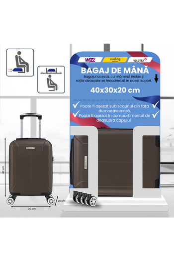 Quasar & Co. Troler cabina,40x30x20cm, bagaj mana, troller cifru, valiza 4 roti detasabile,ABS,SMART,dark coffee