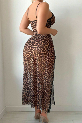 Nana & Mayka Moda Women's Leopard Print Nightgown Set – Maxi Length, Two Side Slits, Straps