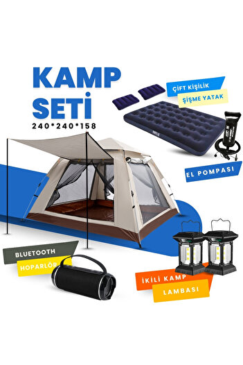 Yussraw 4-6 kişi kamp çadırı seti taşınabilir otomatik 240*240*155+lamba+yatak+yastık+pompa+hoparlör