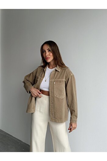 Maldia Shop Women's Gabardine Fabric Pocket Detailed Cream Shirt