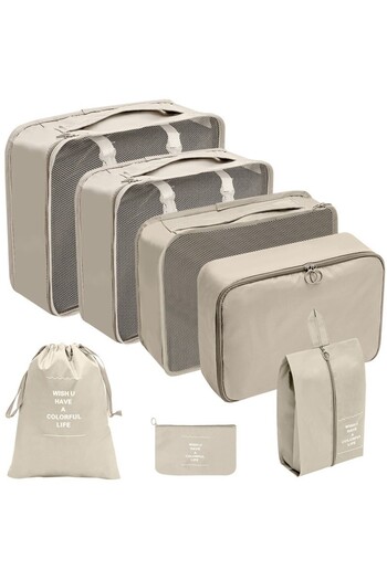 Flippy Set of 7 Flippy Travel Bags, for Storage, Compressible, Waterproof, Double Zipper, Beige