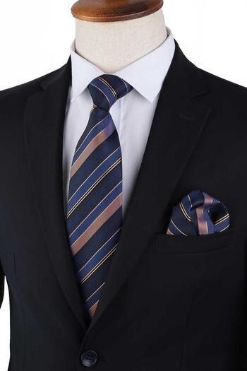 Kravatkolik Navy Blue - Yellow Line Pattern Classic Tie with Handkerchief Kk13207