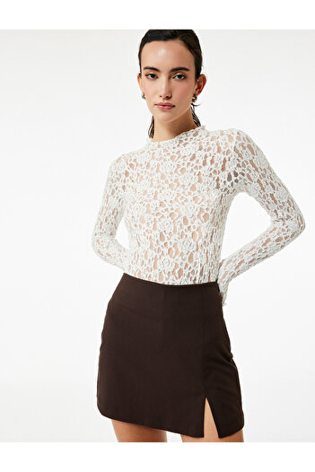 Koton Semi See-Through Slim Fit Ruffle Detail Long Sleeve Lace Blouse