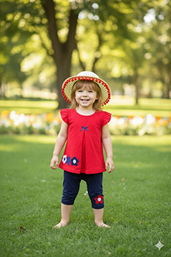 EYMİRGİYİM Straw Hat Flower Embroidered Baby Girl Children's Short Sleeve 3-Piece Set 9-12Months, 12-18Months, 1-2Years, 2-3Years