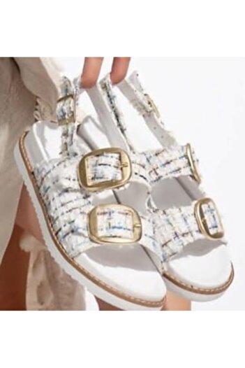 pabucmarketi White Glitter Textile Women's Flat Sandals