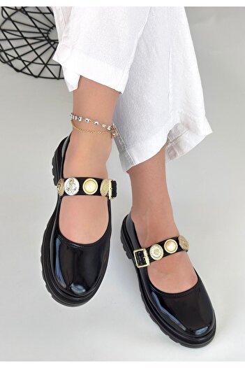 pabucmarketi Black Patent Leather Women's Casual Shoes