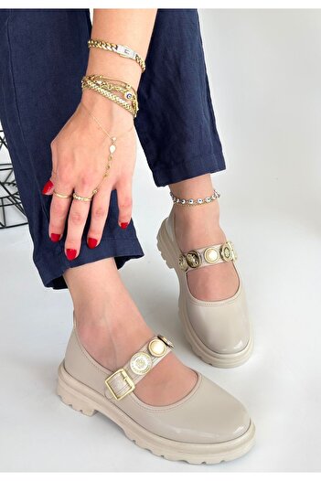 pabucmarketi Beige Patent Leather Women's Casual Shoes