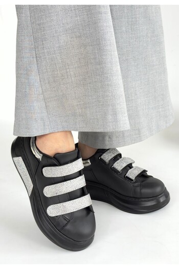 pabucmarketi Black Faux Leather Glittery Velcro Women's Sports Shoes