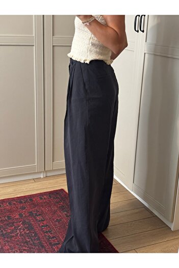 Store Yüksek Bel Wide Leg/Geniş Paça Modal Kumaş Dökümlü Siyah Pantolon