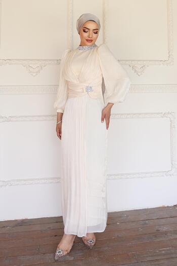Olcay Bow and Collar with Stone Cloth Yoryo Silk Hijab Evening Dress Dress Elephant Mother 1236