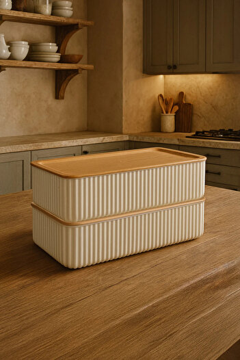 Kitchen Life Set of 2 Bamboo Look Rectangular Storage Containers - 2X300Ml Storage Box Lunch Box